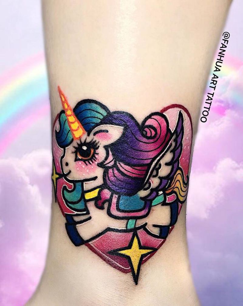 独角兽遮盖纹身图片_腿部New School纹身图案