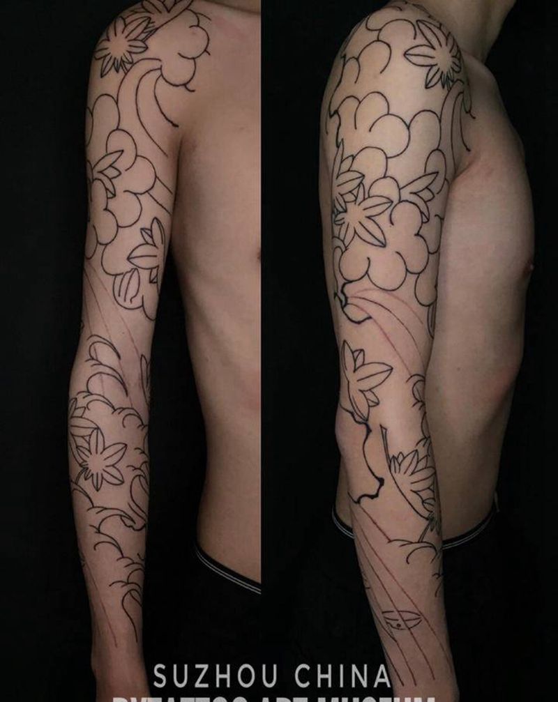 传统枫叶花臂纹身图片_手臂老传统新传统纹身图案