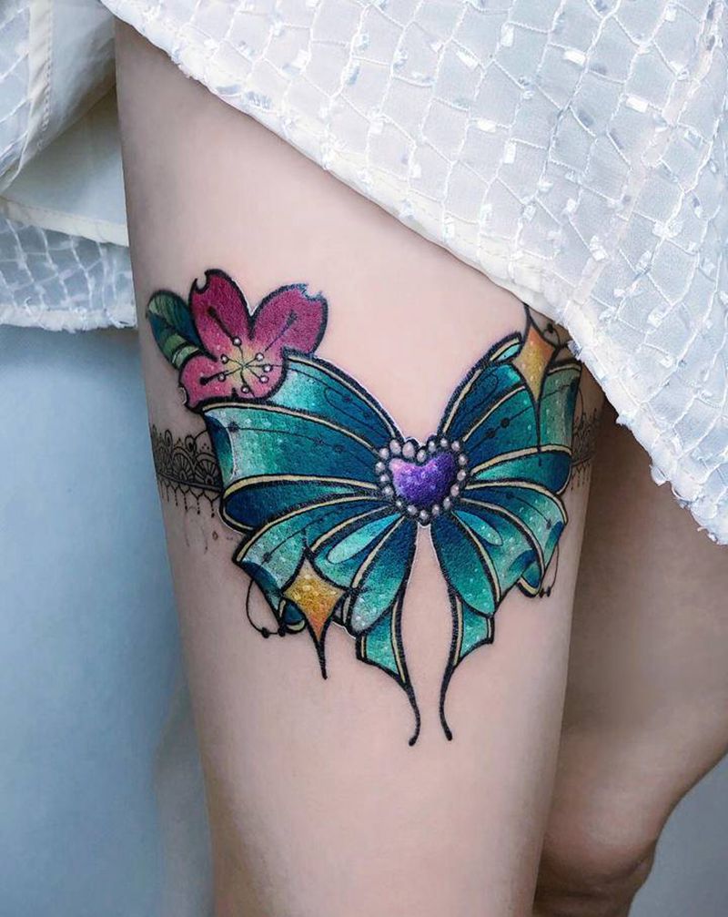 蝴蝶结腿环纹身图片_腿部New School纹身图案