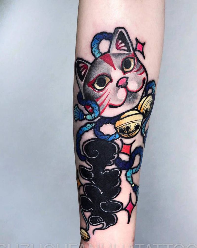 招财猫面具遮盖纹身图片_New School纹身图案