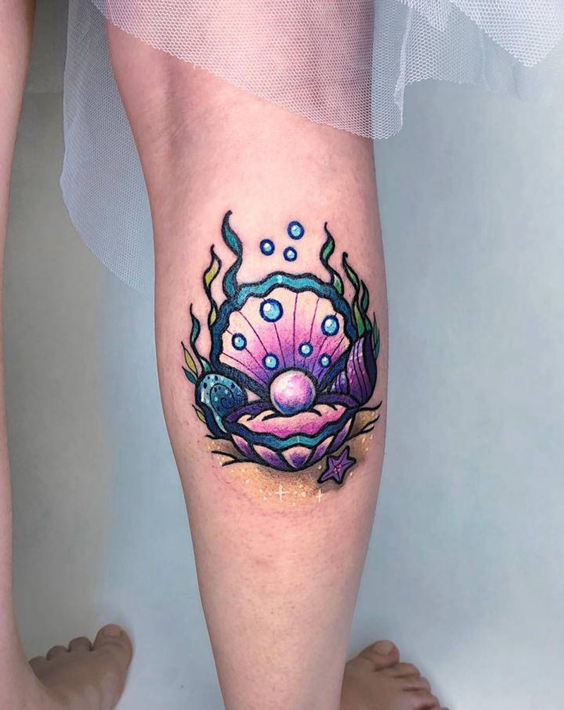 贝壳纹身图片_腿部纹身图案