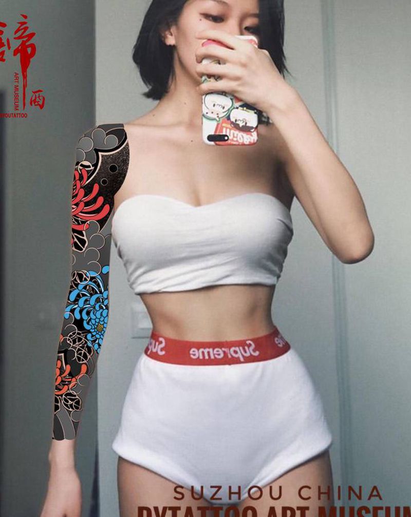 菊花花臂纹身图片_手臂老传统新传统纹身图案