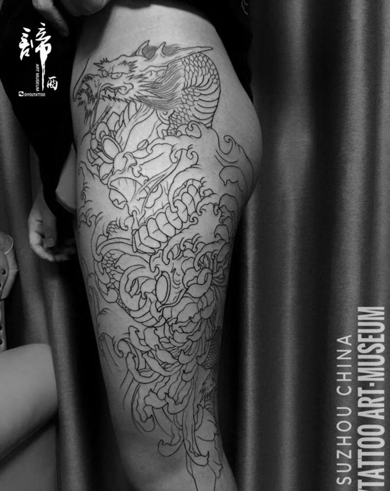嘎巴拉龙菊纹身图片_腰部腿部老传统新传统纹身图案