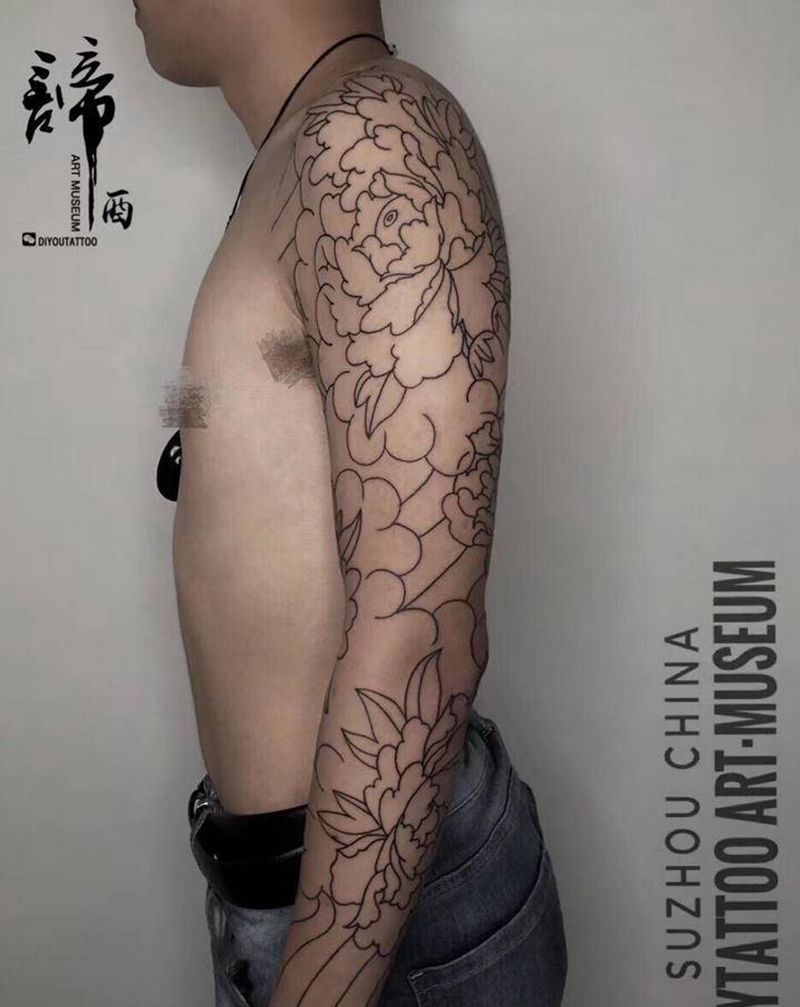 中式老传统牡丹花臂纹身图片_手臂肩部老传统新传统纹身图案