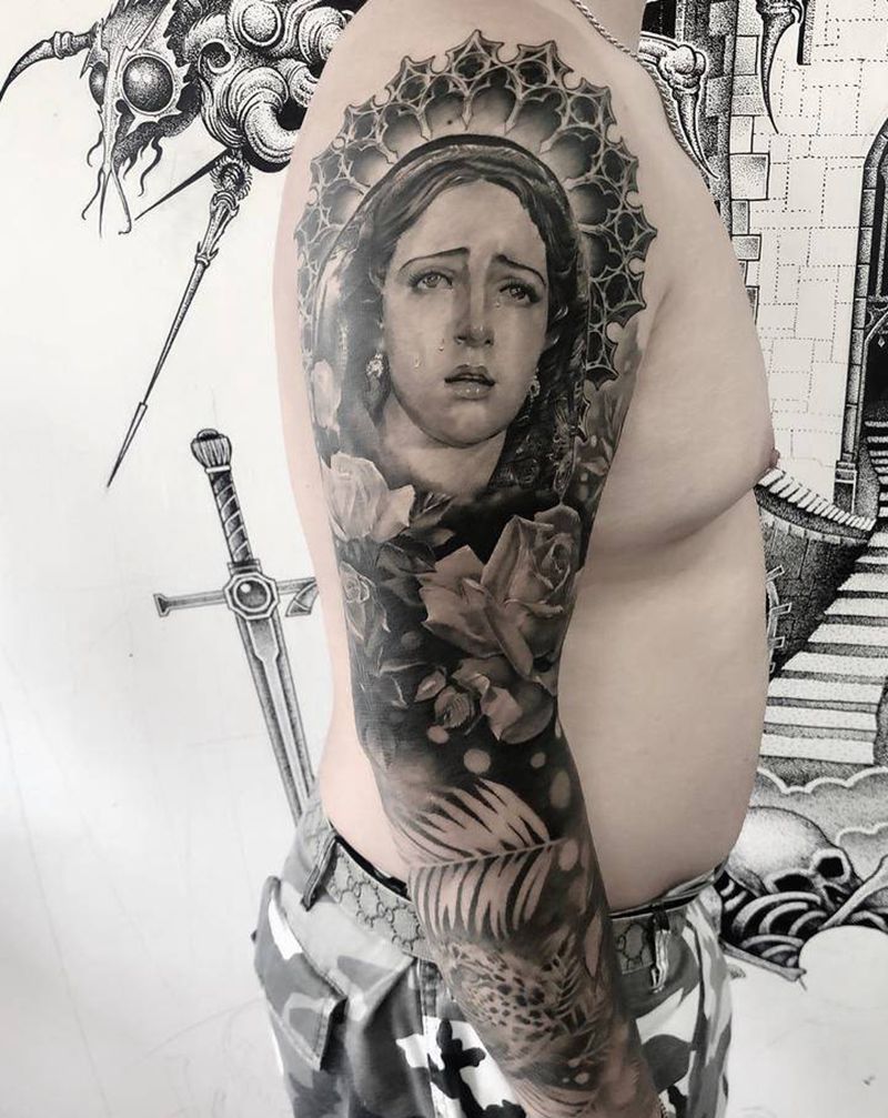 花臂衔接恢复后纹身图片_手臂欧美写实纹身图案