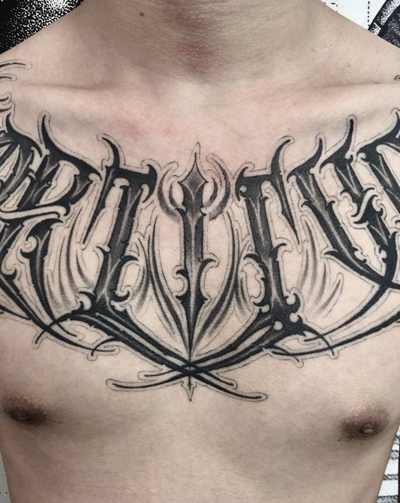 花胸恢复一年纹身图片_胸部花体字纹身图案