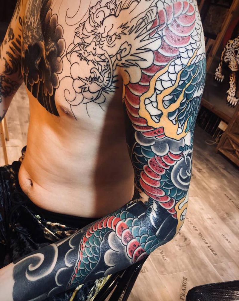 老传统龙纹身图片_手臂老传统纹身图案