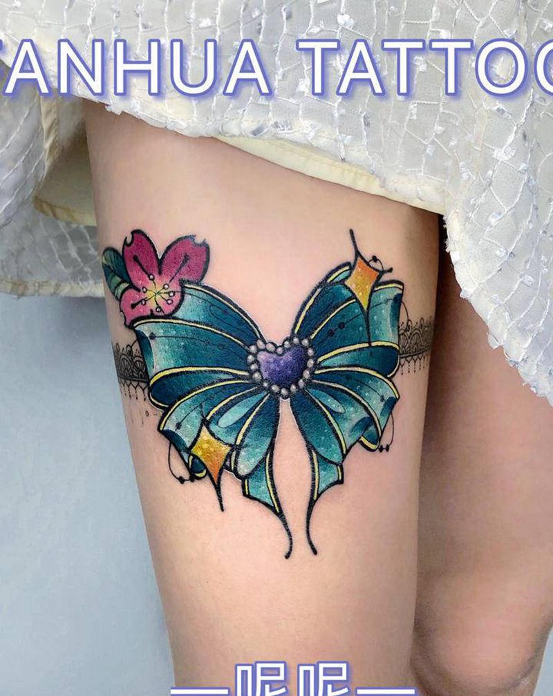 蝴蝶结腿环纹身图片_腿部New School纹身图案