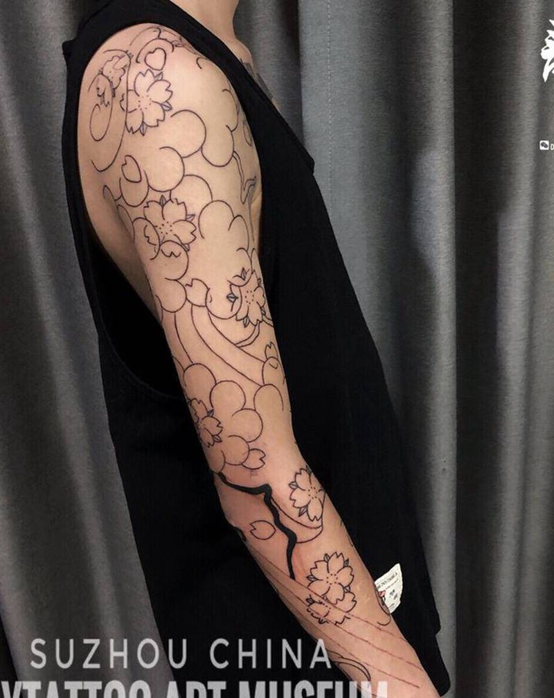老传统樱花花臂纹身图片_手臂老传统新传统纹身图案