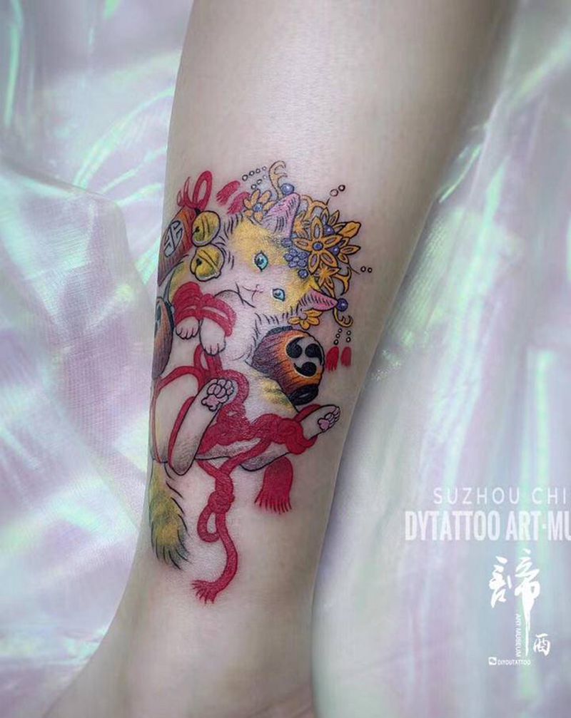 招财猫纹身图片_腿部脚部New School水彩纹身图案