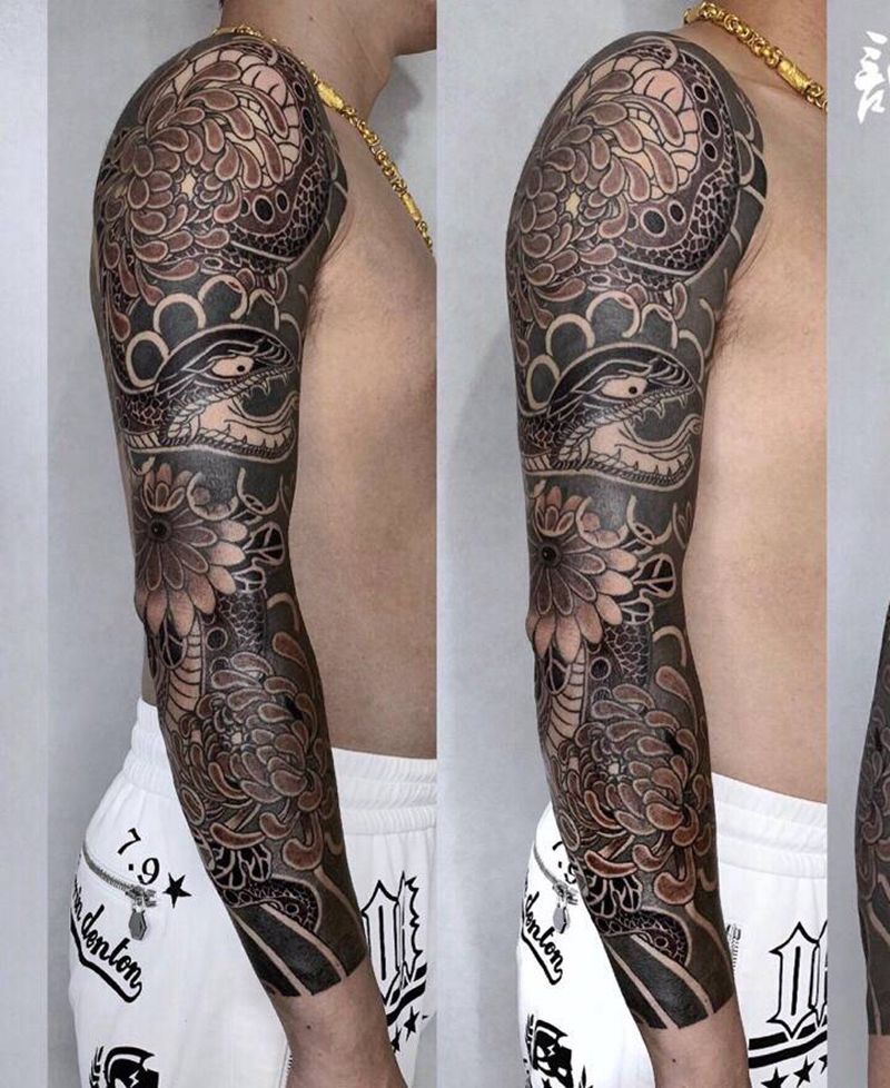 双花臂纹身图片_手臂老传统新传统纹身图案