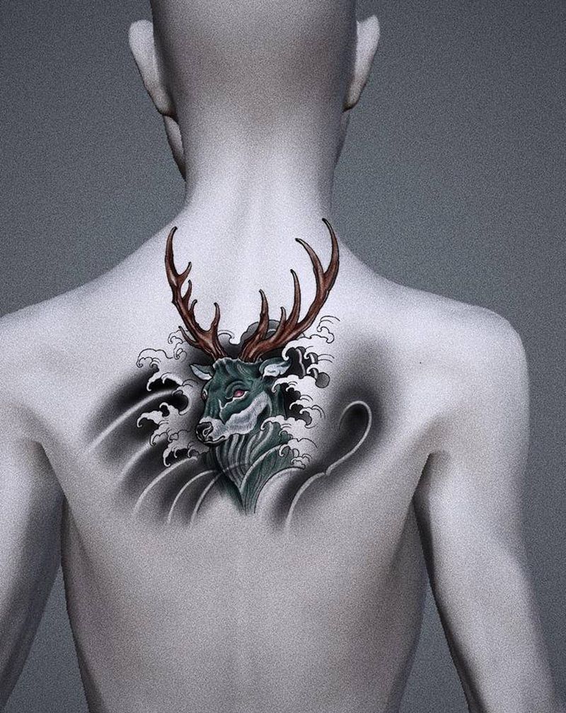 鹿纹身图片_背部手臂纹身图案