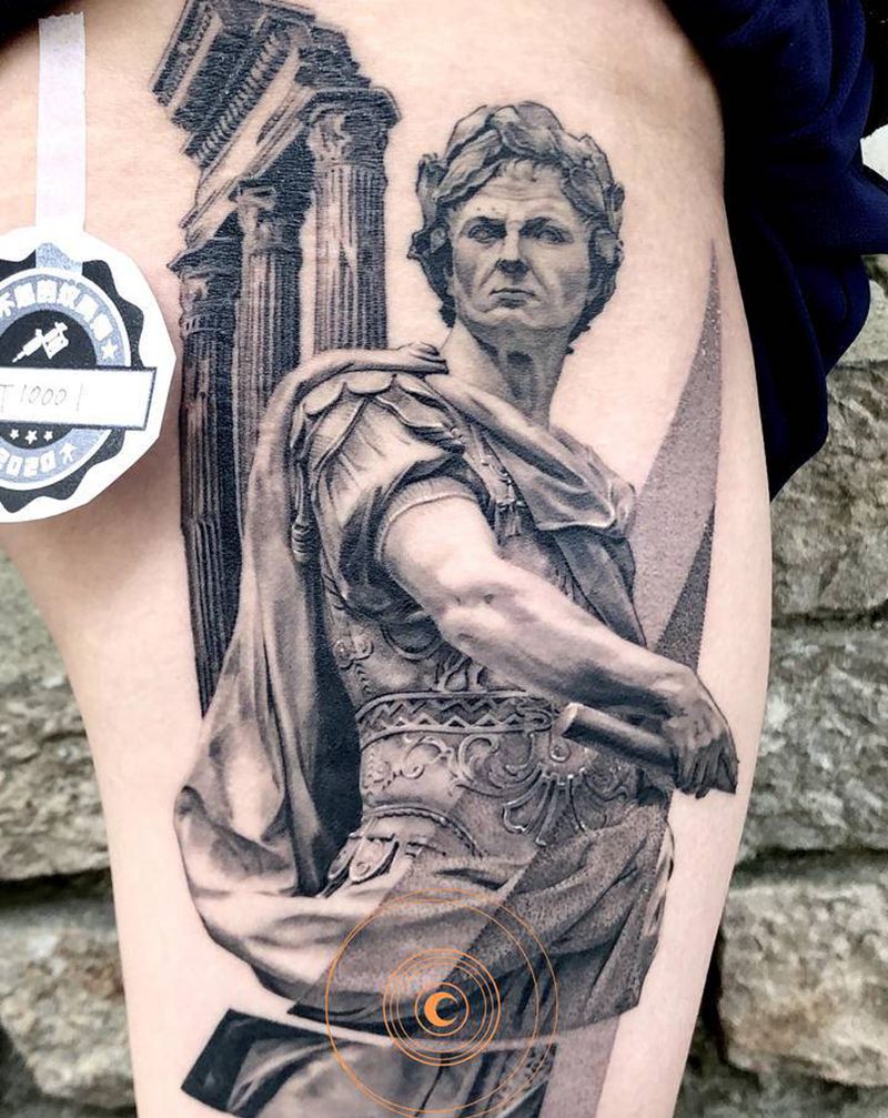 凯撒大帝纹身图片_腿部欧美写实纹身图案