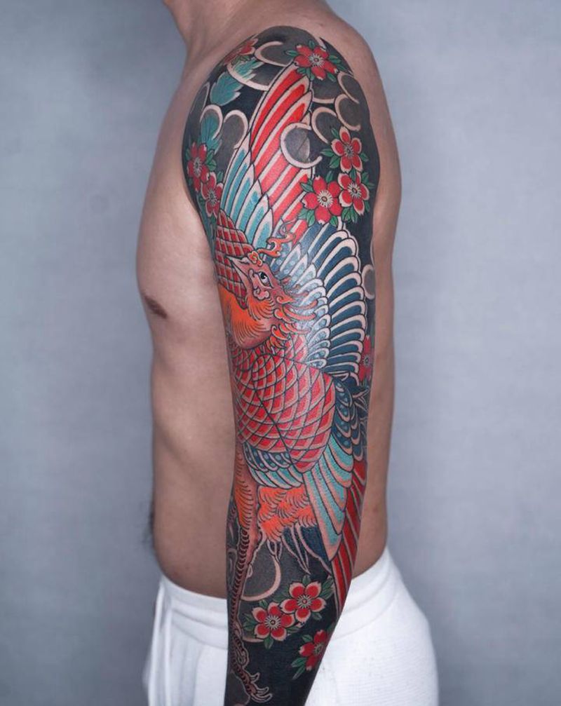 老传统凤凰花臂✅纹身图片_手臂老传统纹身图案