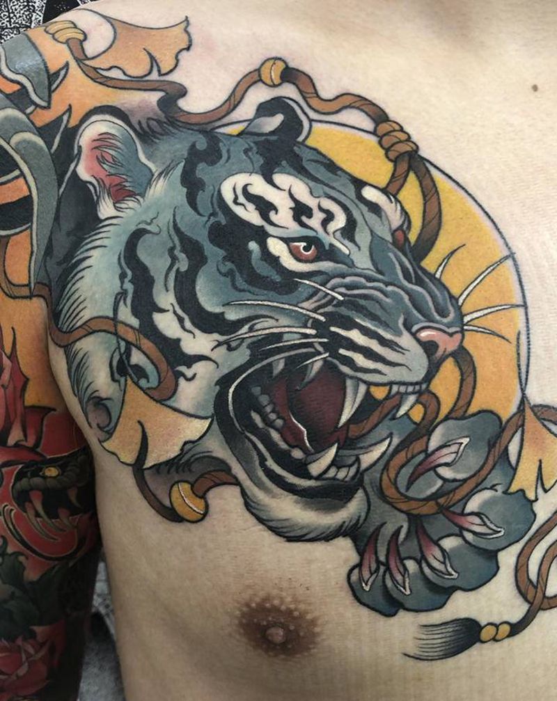 老虎纹身图片_胸部New School纹身图案