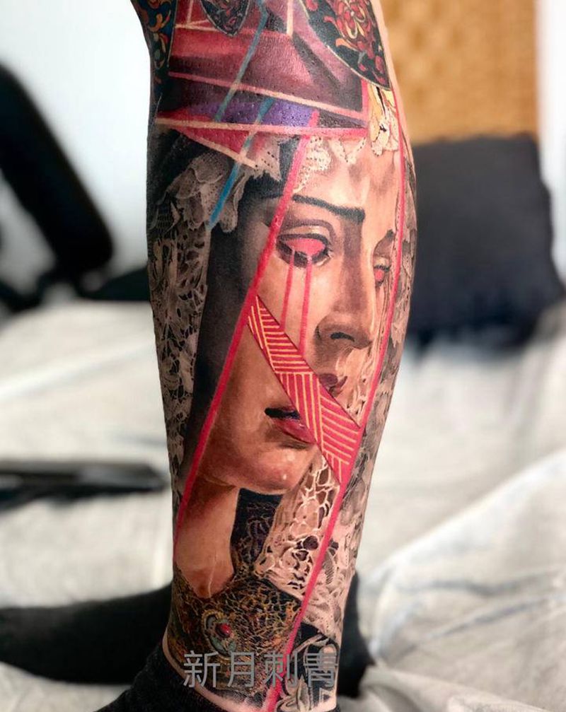 圣母玛利亚纹身图片_腿部欧美写实纹身图案