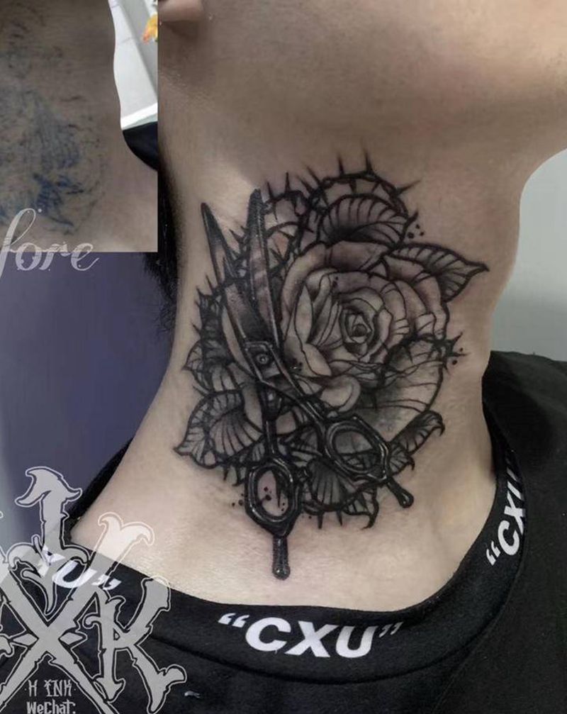 脖子 遮盖 剪刀 花 暗黑纹身图片_颈部New School暗黑剪刀花纹身图案