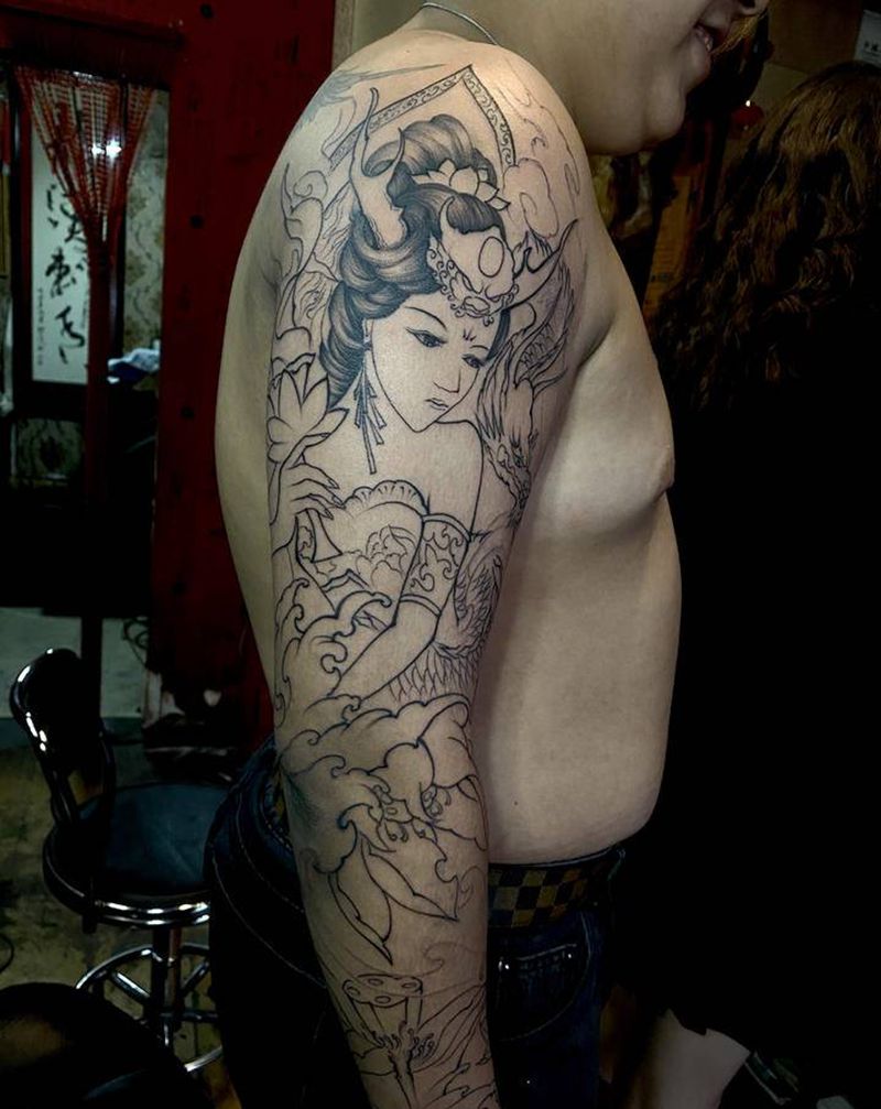 龙女花臂未完纹身图片_手臂纹身图案