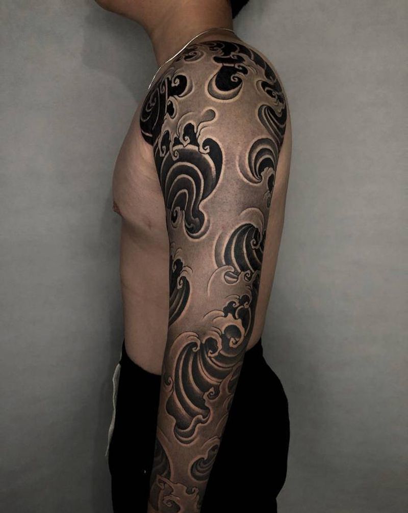 ◾️水浪花臂&完结✔️纹身图片_手臂老传统新传统纹身图案