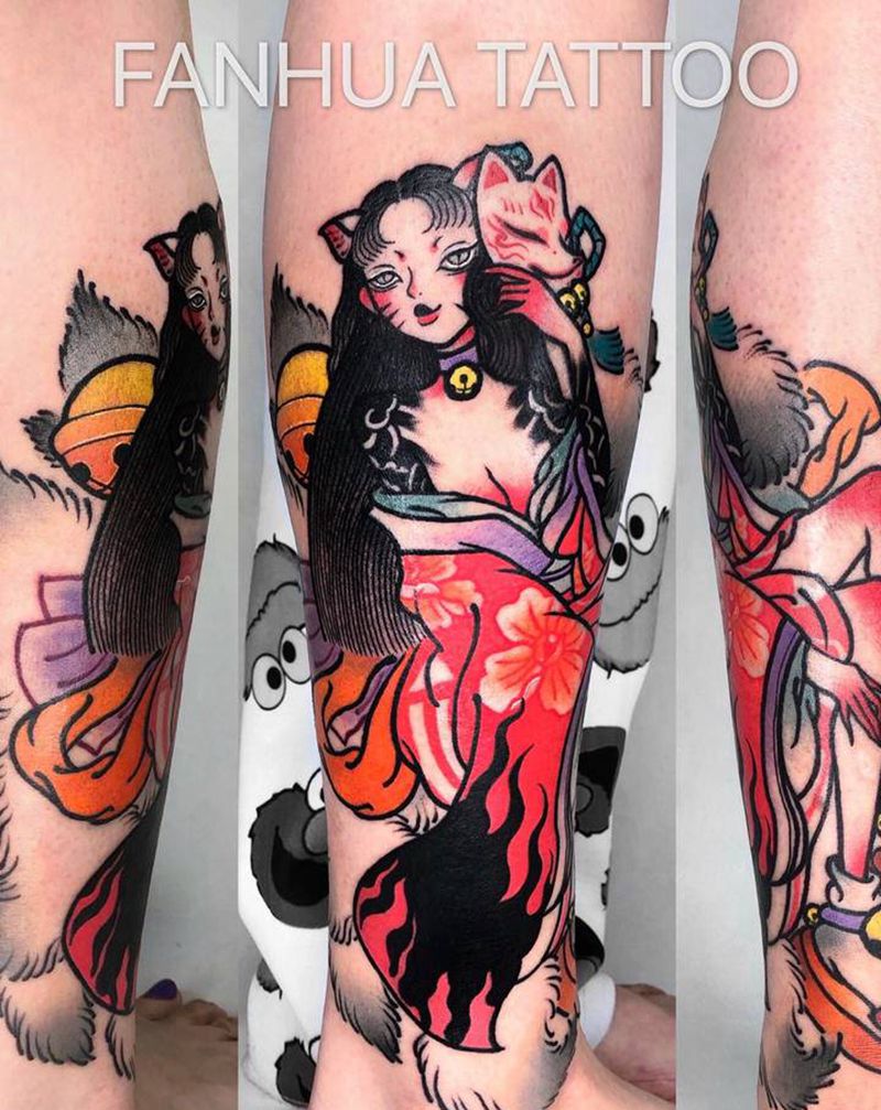 玉藻前九尾狐纹身纹身图片_腿部New School纹身图案