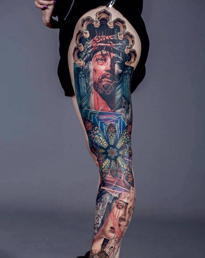 花腿纹身图片_腿部欧美写实纹身图案