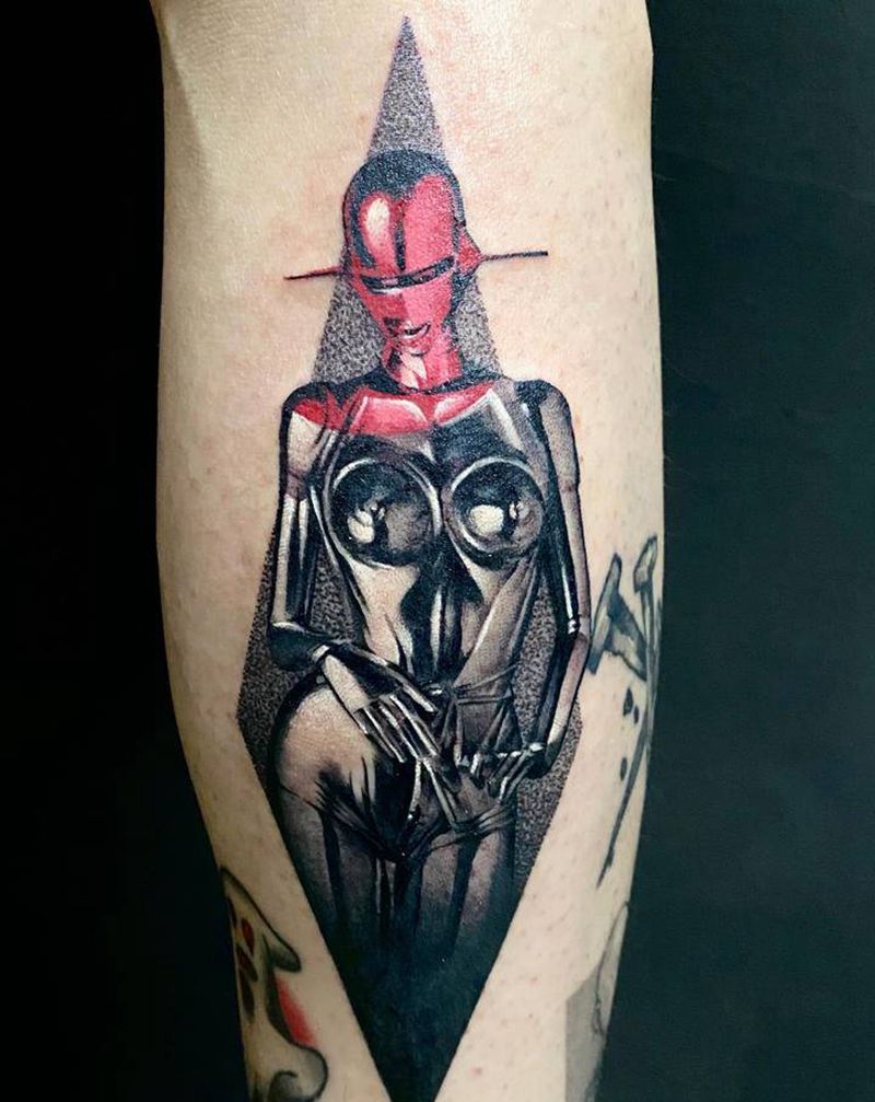 空山基纹身图片_腿部欧美写实点刺纹身图案