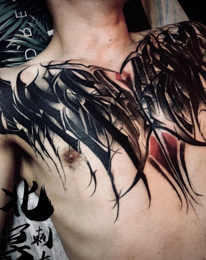 暗黑花体字纹身图片_胸部纹身图案
