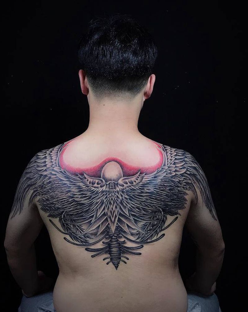 天使护体翅膀纹身图片_背部纹身图案
