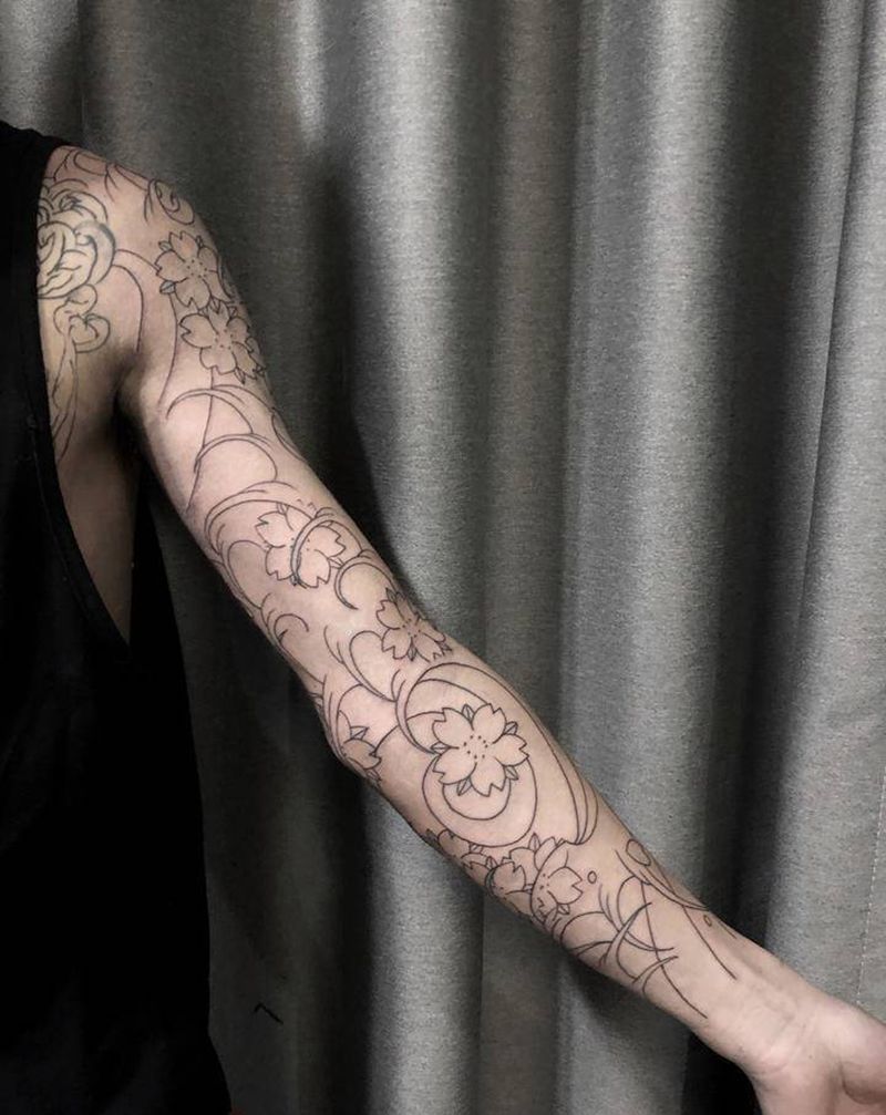 水浪樱花花臂纹身图片_手臂肩部老传统新传统纹身图案