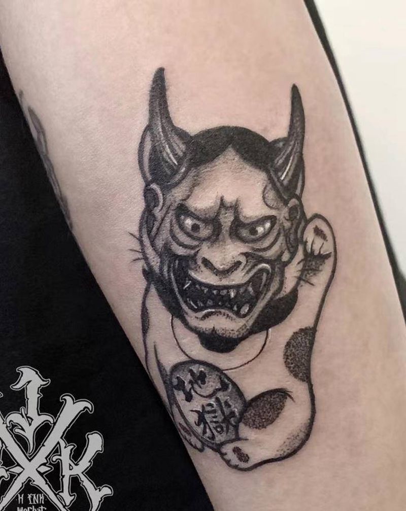 小臂 暗黑 般若 招财猫纹身图片_手臂New School暗黑招财猫般若纹身图案