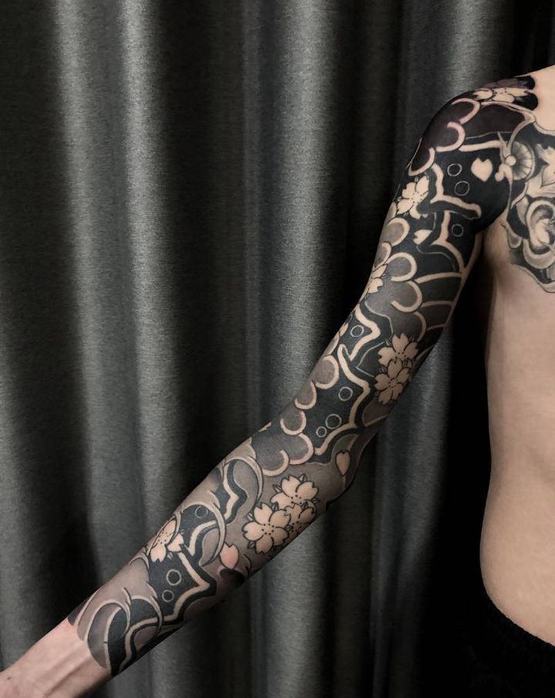 日常花臂纹身图片_手臂肩部老传统新传统纹身图案