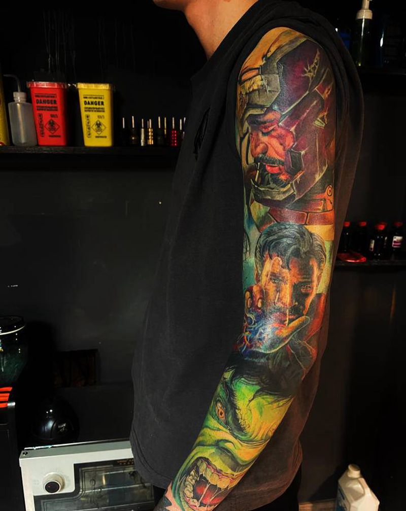 漫威dc花臂纹身图片_手臂欧美写实钢铁侠奇异博士希斯莱杰纹身图案
