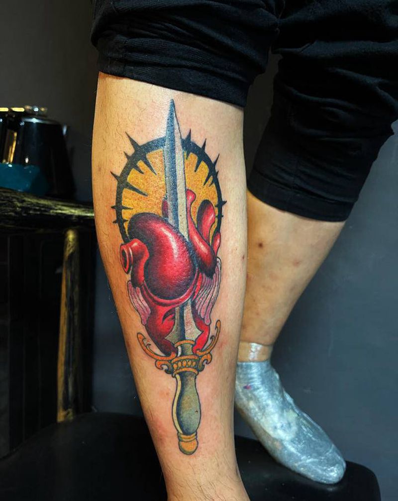 心纹身图片_腿部New School纹身图案