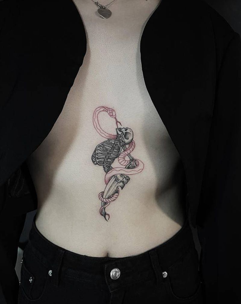 骷髅纹身图片_腹部纹身图案