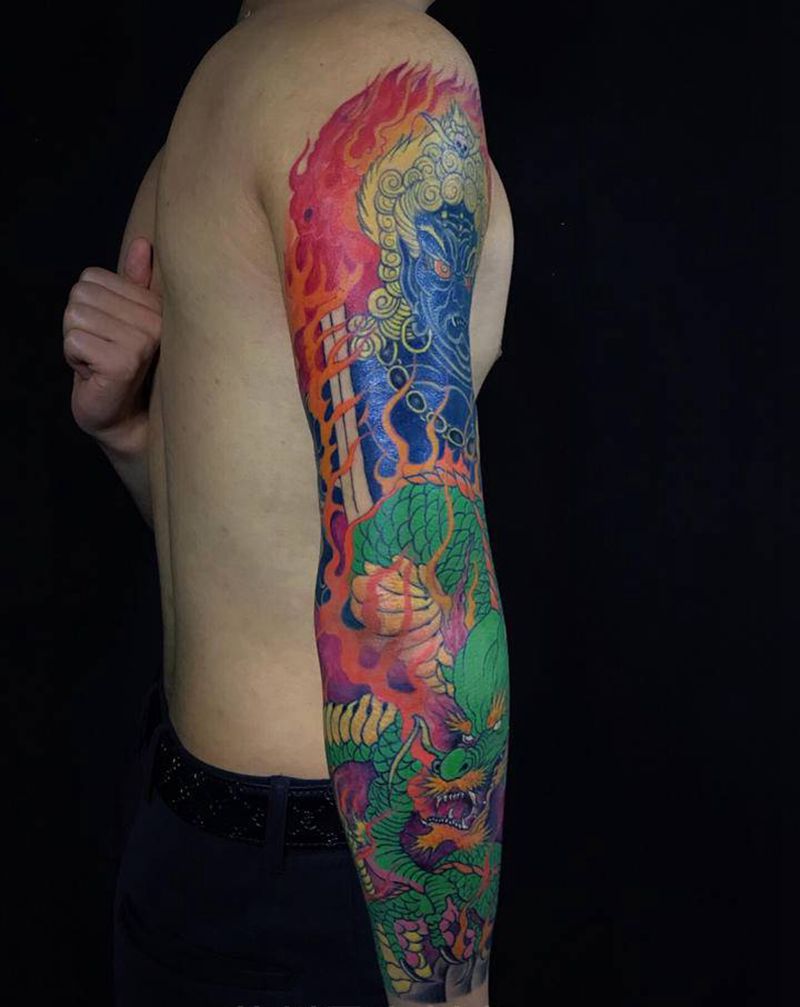 彩色九分臂纹身图片_手臂新传统纹身图案