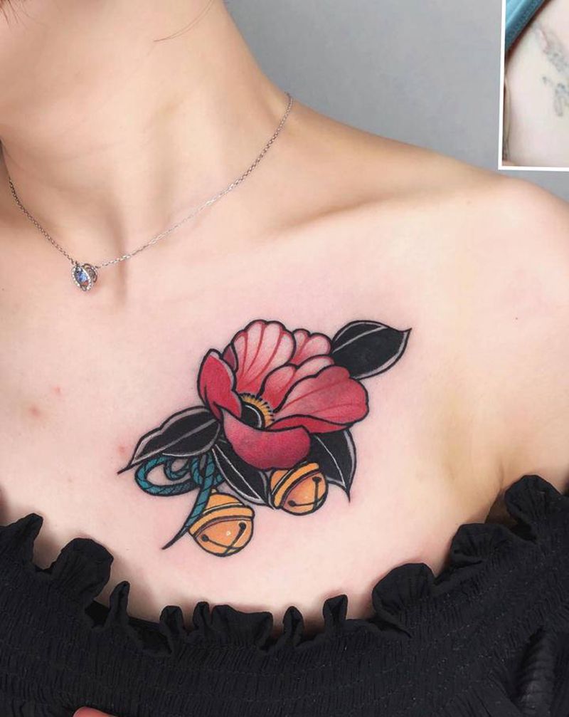 和风遮盖纹身图片_肩部Old School老传统纹身图案