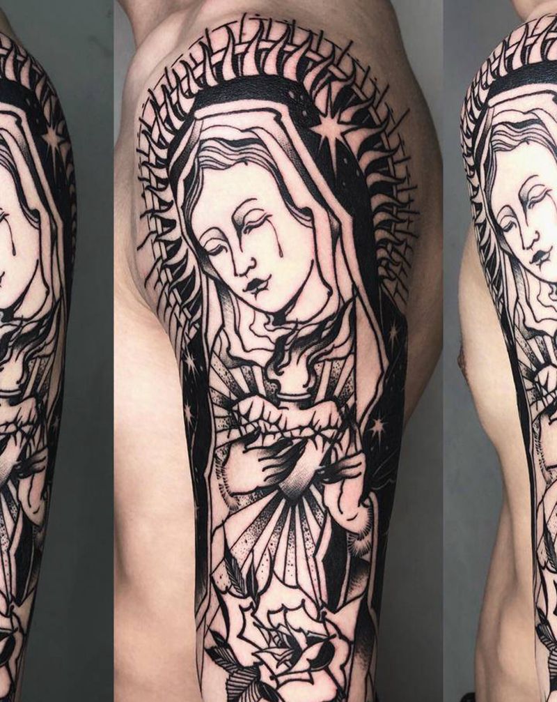 圣母纹身图片_手臂Old School暗黑圣母纹身图案