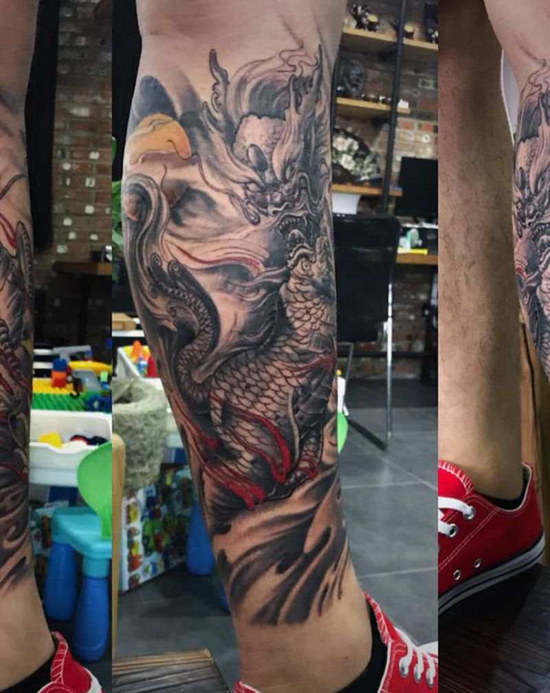 小腿麒麟纹身图片_腿部新传统纹身图案