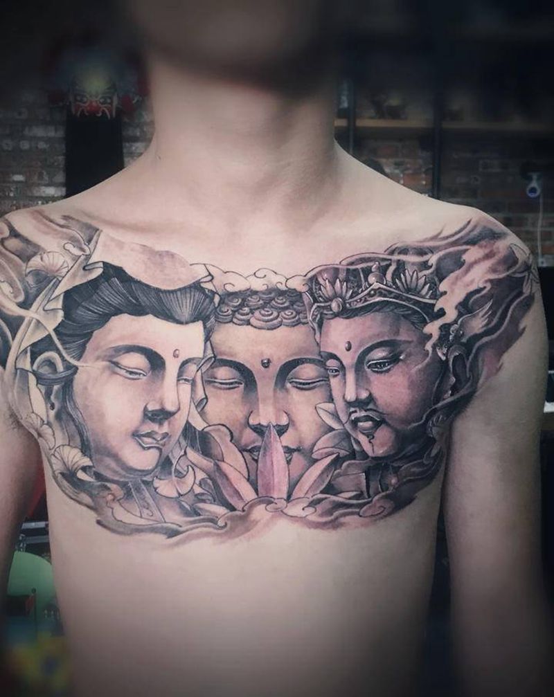 花胸 三面佛纹身图片_胸部新传统纹身图案