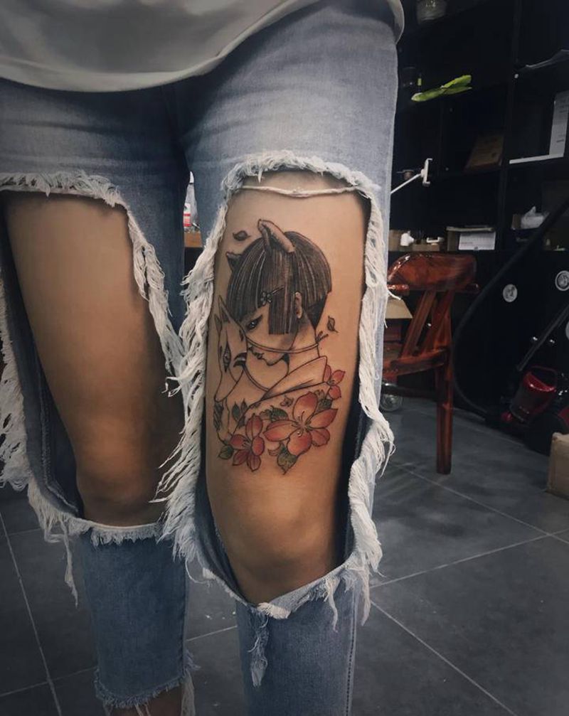 大腿艺伎纹身图片_腿部新传统纹身图案