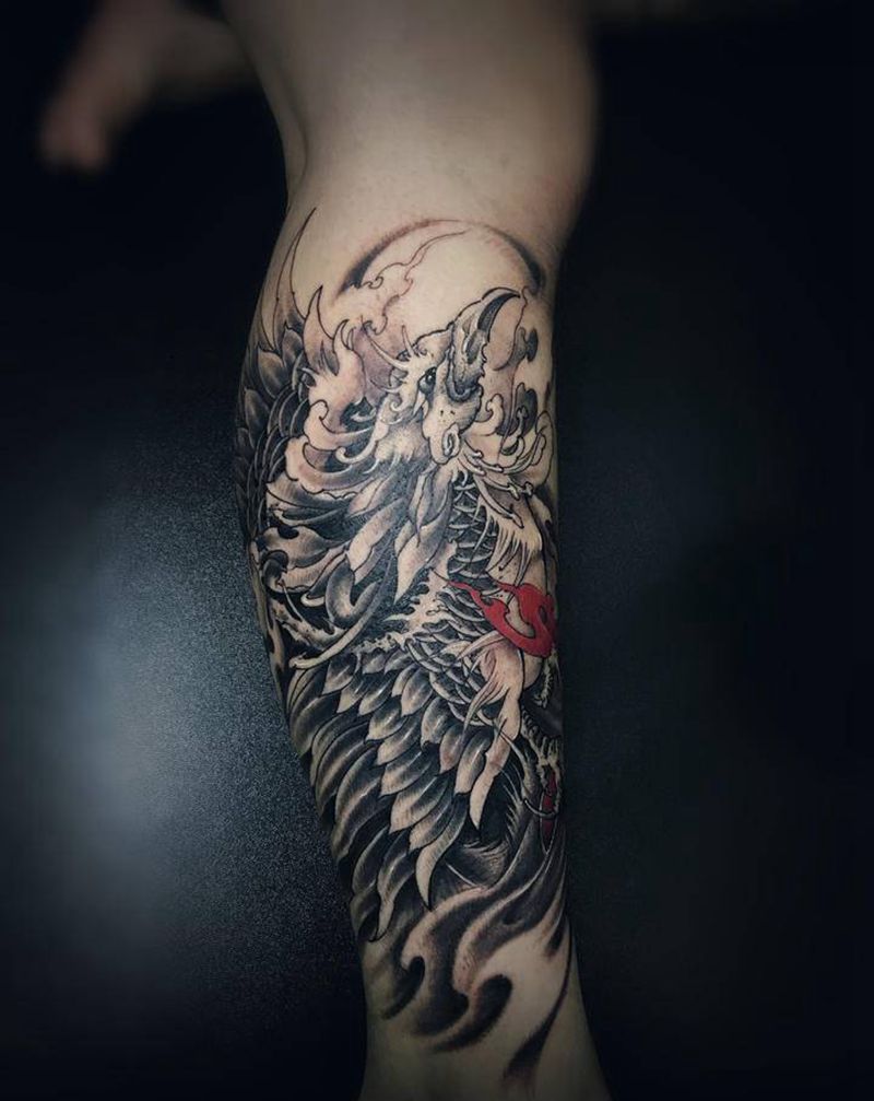 小腿朱雀纹身图片_腿部新传统纹身图案