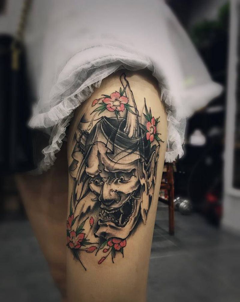 大腿班若纹身图片_腿部新传统纹身图案