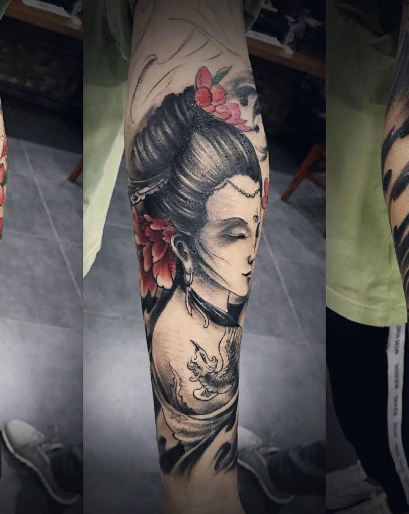 包小臂艺伎纹身图片_手臂新传统纹身图案