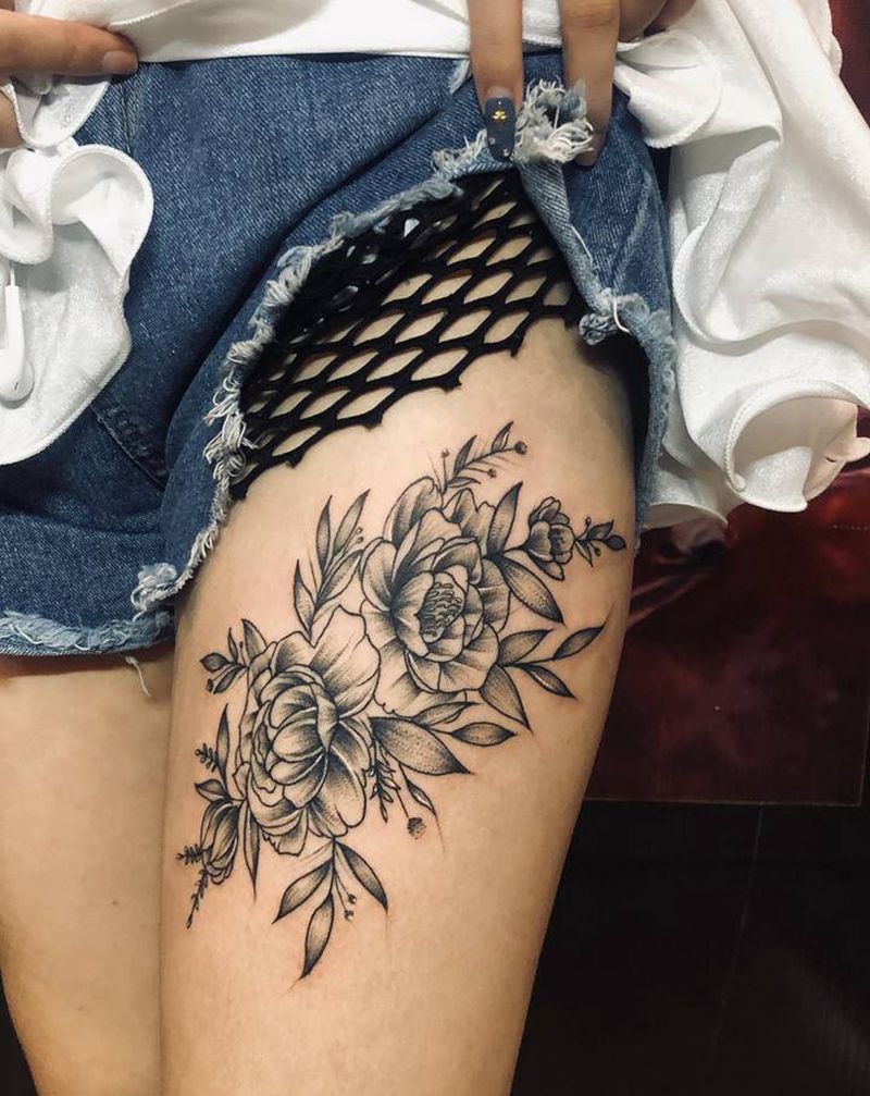 素花纹身图片_腿部纹身图案