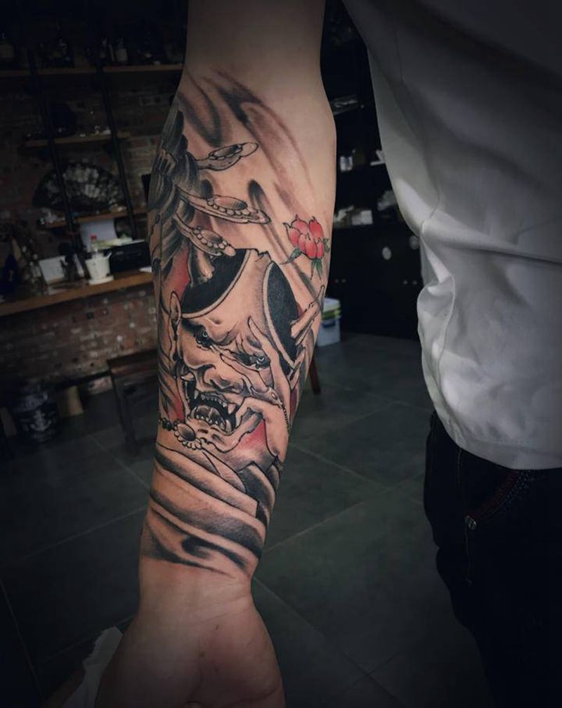 包小臂艺伎纹身图片_手臂新传统纹身图案