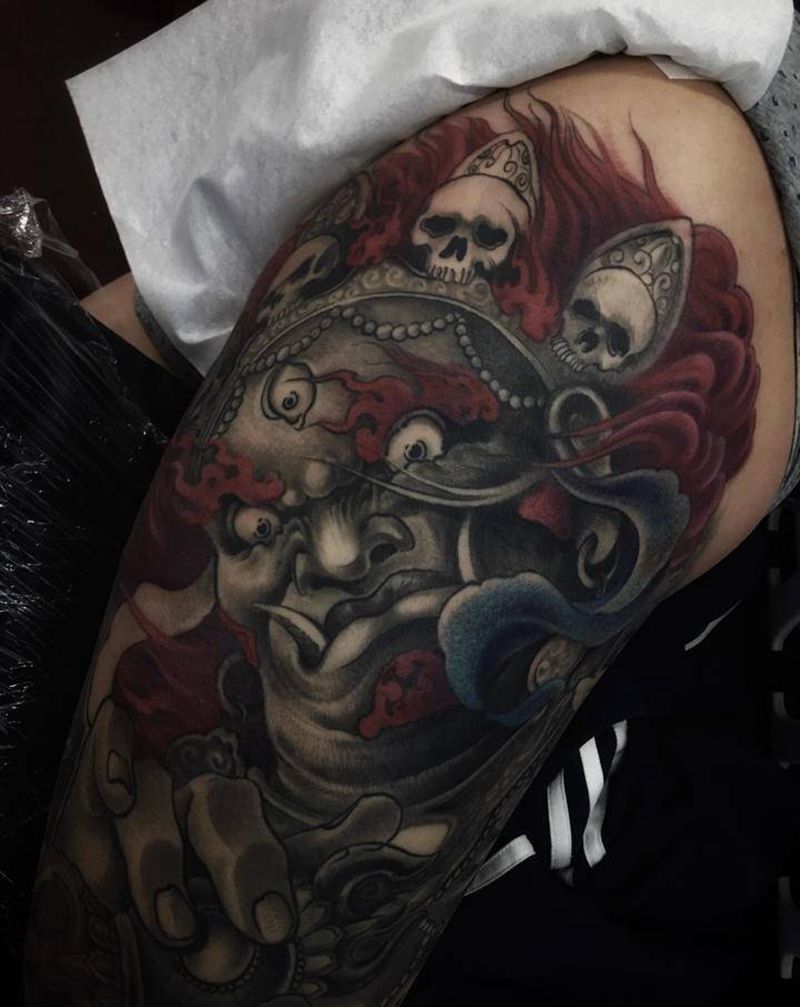 大黑天纹身图片_腿部新传统纹身图案