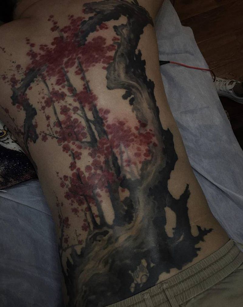 梅花纹身图片_背部新传统水墨纹身图案