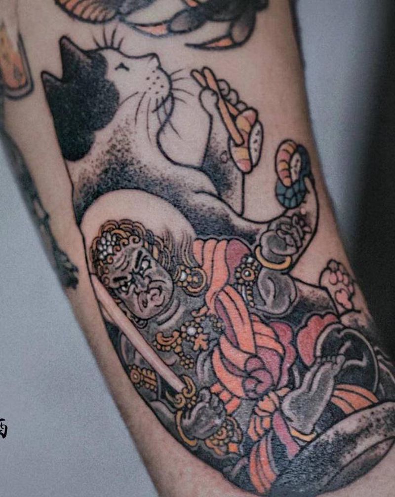 日式猫咪纹身图片_手臂老传统日式纹身图案