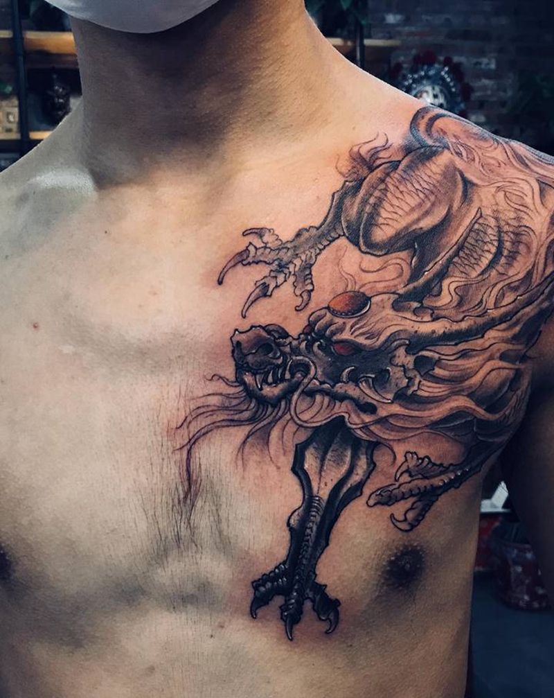 貔貅纹身图片_胸部新传统纹身图案