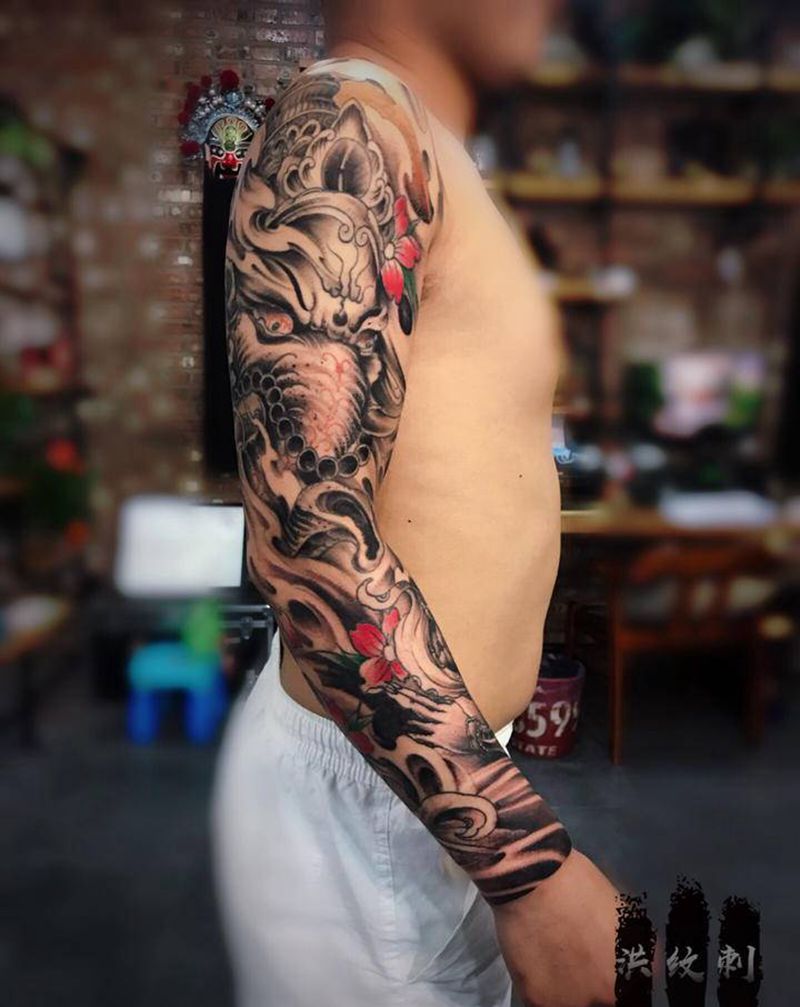 花臂纹身图片_手臂新传统象神悟空修改上色纹身图案